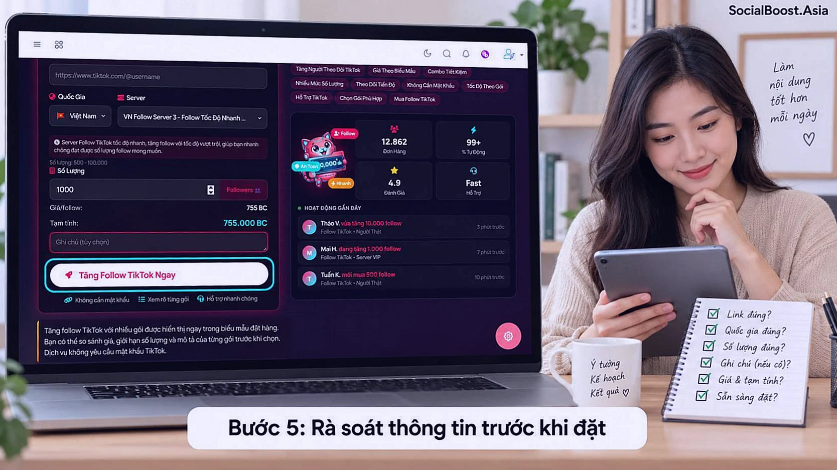 Bước 5 rà soát thông tin trước khi đặt tăng follow TikTok