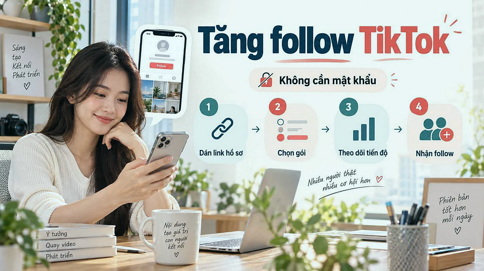 Quy trình tăng follow TikTok: dán link hồ sơ, chọn gói và theo dõi tiến độ