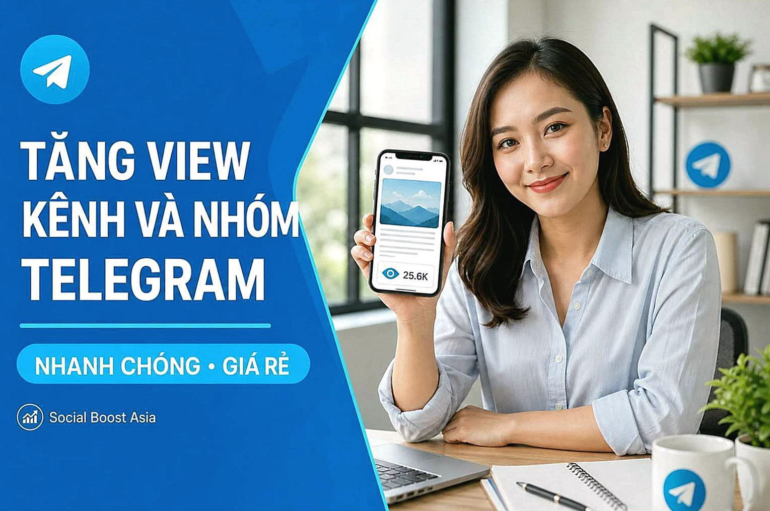 Người quản trị xem bộ đếm tăng view kênh và nhóm Telegram trên điện thoại