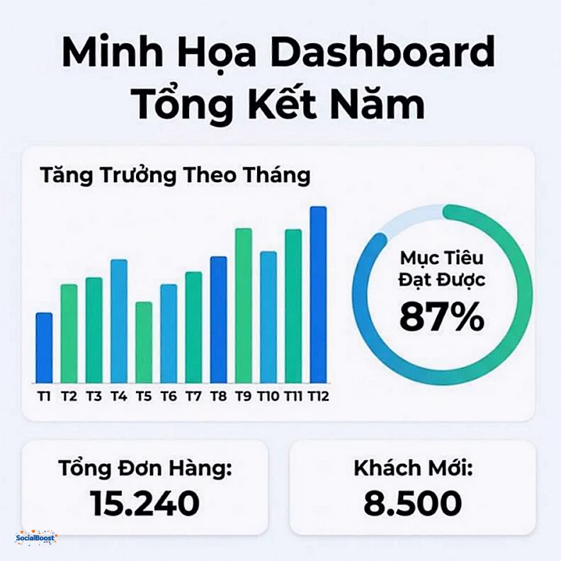 Minh Họa Dashboard Tổng Kết Năm với biểu đồ tăng trưởng