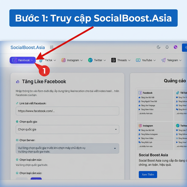 Bước 1: Truy cập trang tăng like Facebook SocialBoost.Asia