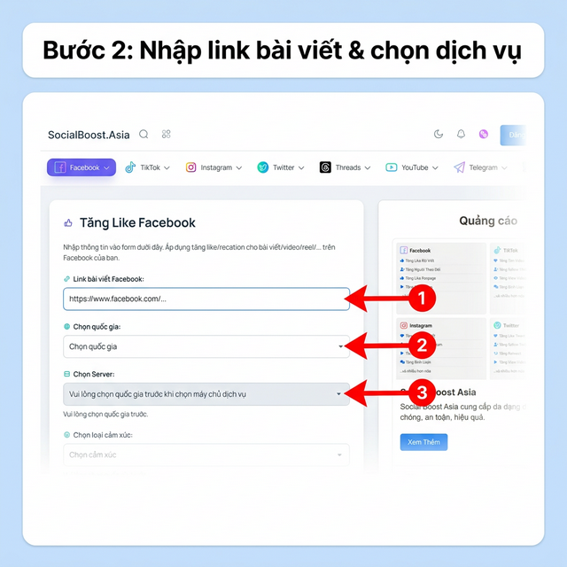 Bước 2: Nhập link bài viết Facebook và chọn gói dịch vụ
