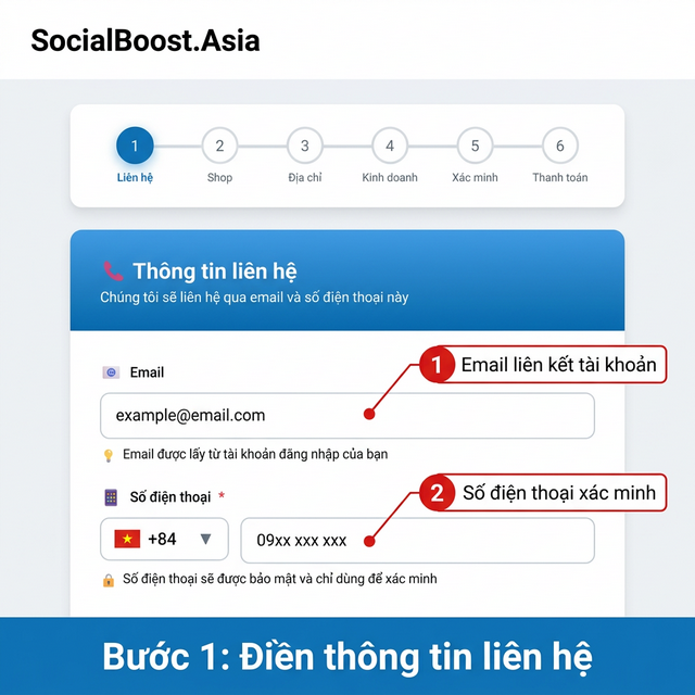 Bước 1 - Điền thông tin liên hệ: email và số điện thoại