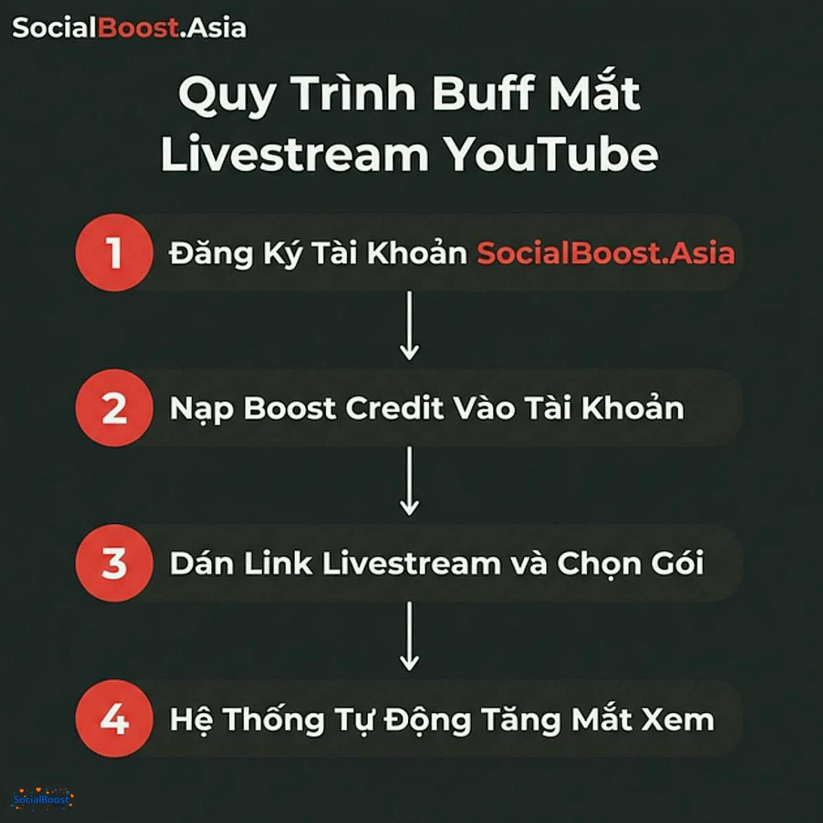Quy trình buff mắt livestream YouTube tại SocialBoost.Asia