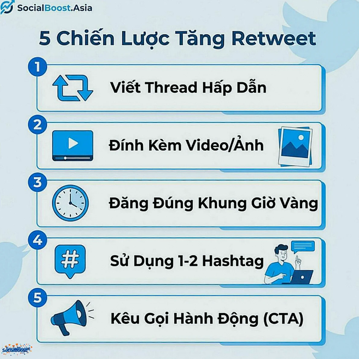 5 chiến lược tăng retweet Twitter/X - SocialBoost.Asia