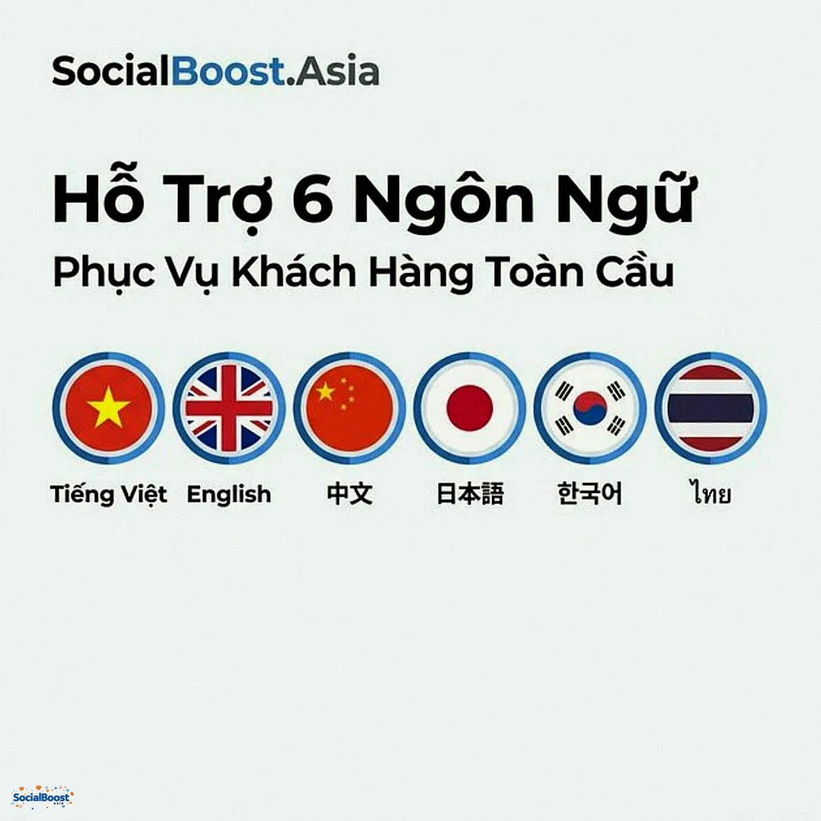 SocialBoost.Asia hỗ trợ 6 ngôn ngữ