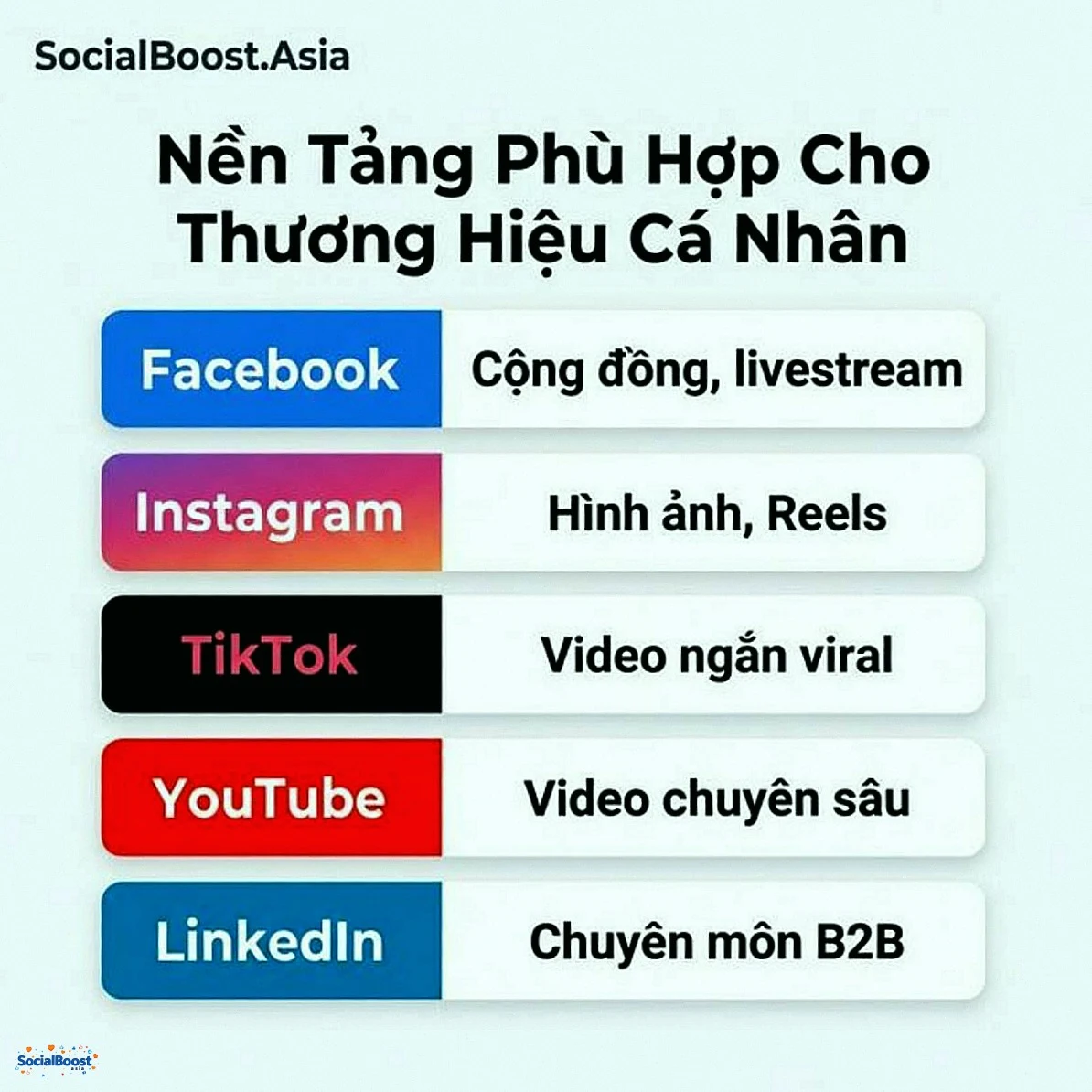 Nền tảng phù hợp cho thương hiệu cá nhân - Facebook, Instagram, TikTok, YouTube, LinkedIn