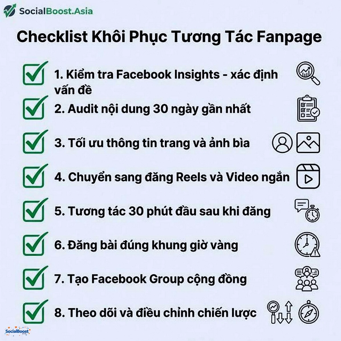 Checklist 8 bước khôi phục tương tác Fanpage Facebook