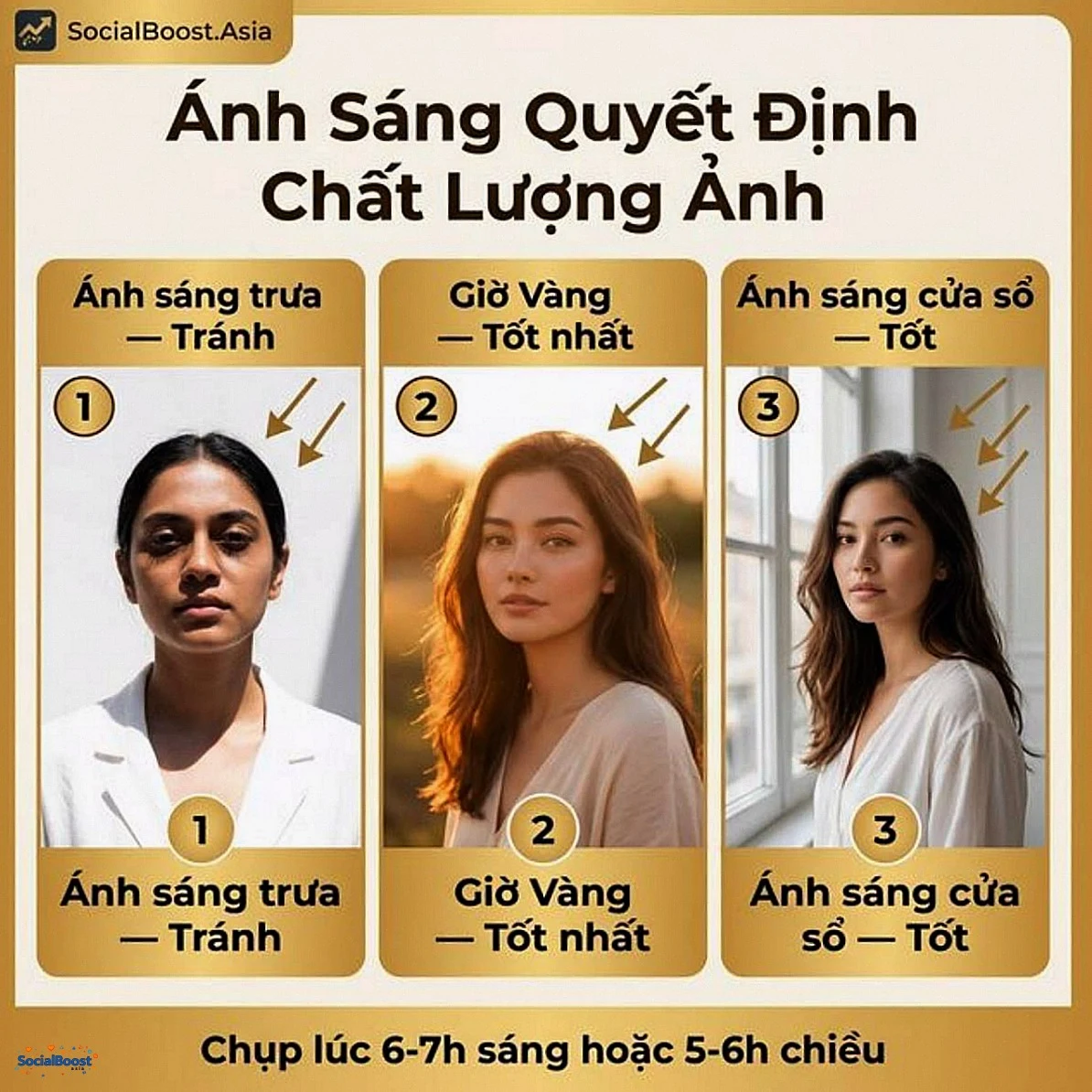 So sánh ánh sáng chụp ảnh Instagram - giờ vàng, ánh sáng trưa, cửa sổ