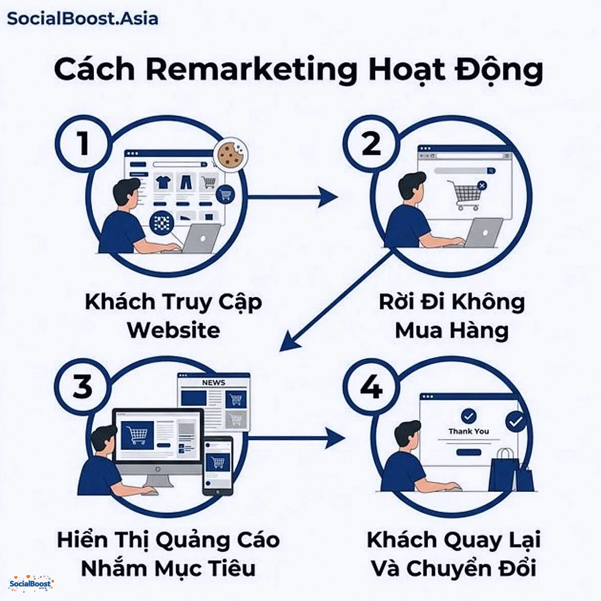 Cách remarketing hoạt động - 4 bước từ truy cập đến chuyển đổi