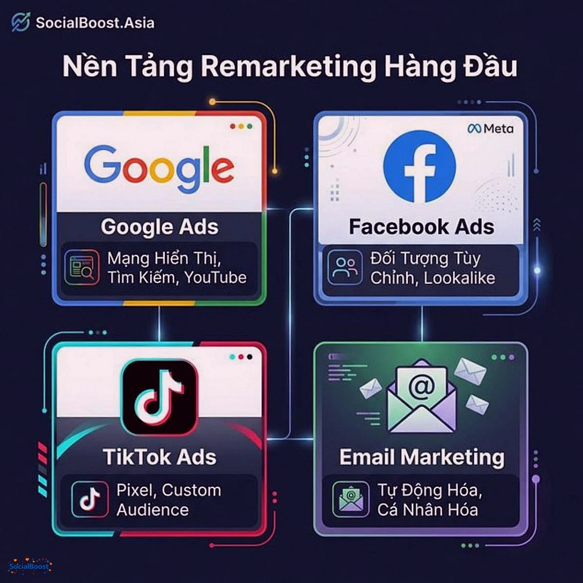 So sánh nền tảng remarketing hàng đầu - Google, Facebook, TikTok, Email