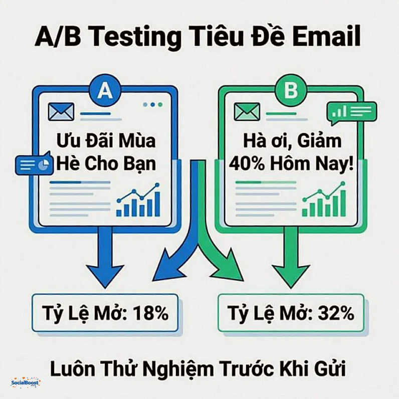 A/B testing tiêu đề email so sánh tỷ lệ mở