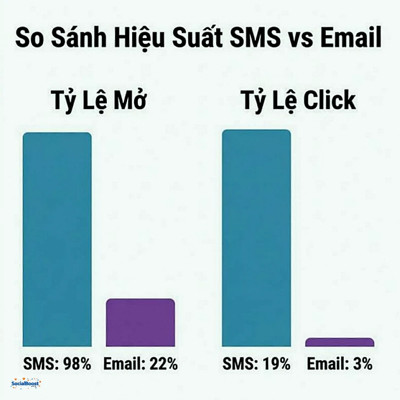 So sánh hiệu suất SMS vs Email Marketing tỷ lệ mở và tỷ lệ click