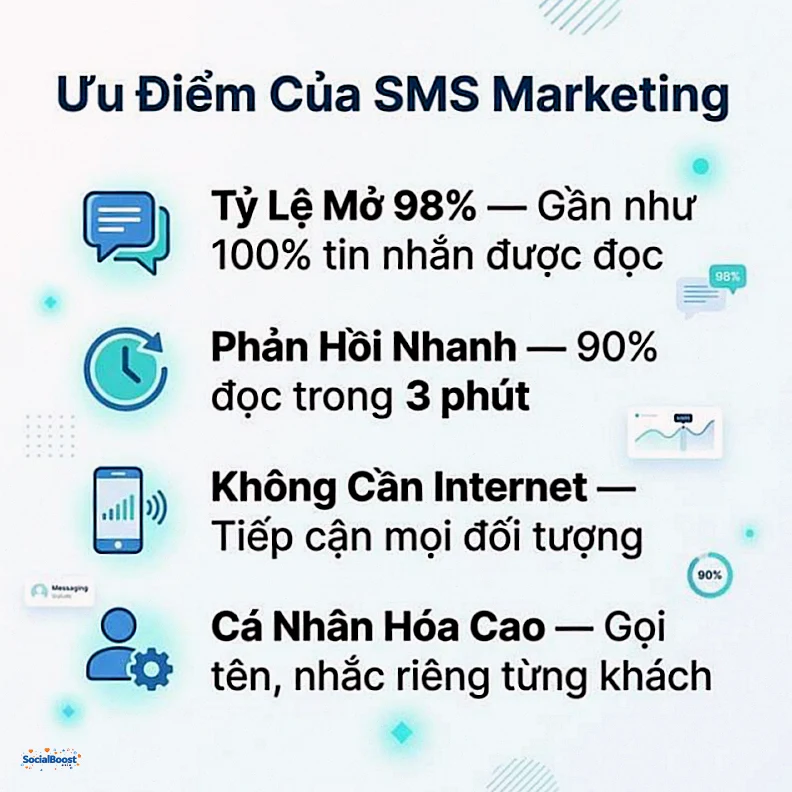 Ưu điểm của SMS Marketing - tỷ lệ mở 98 phần trăm phản hồi nhanh